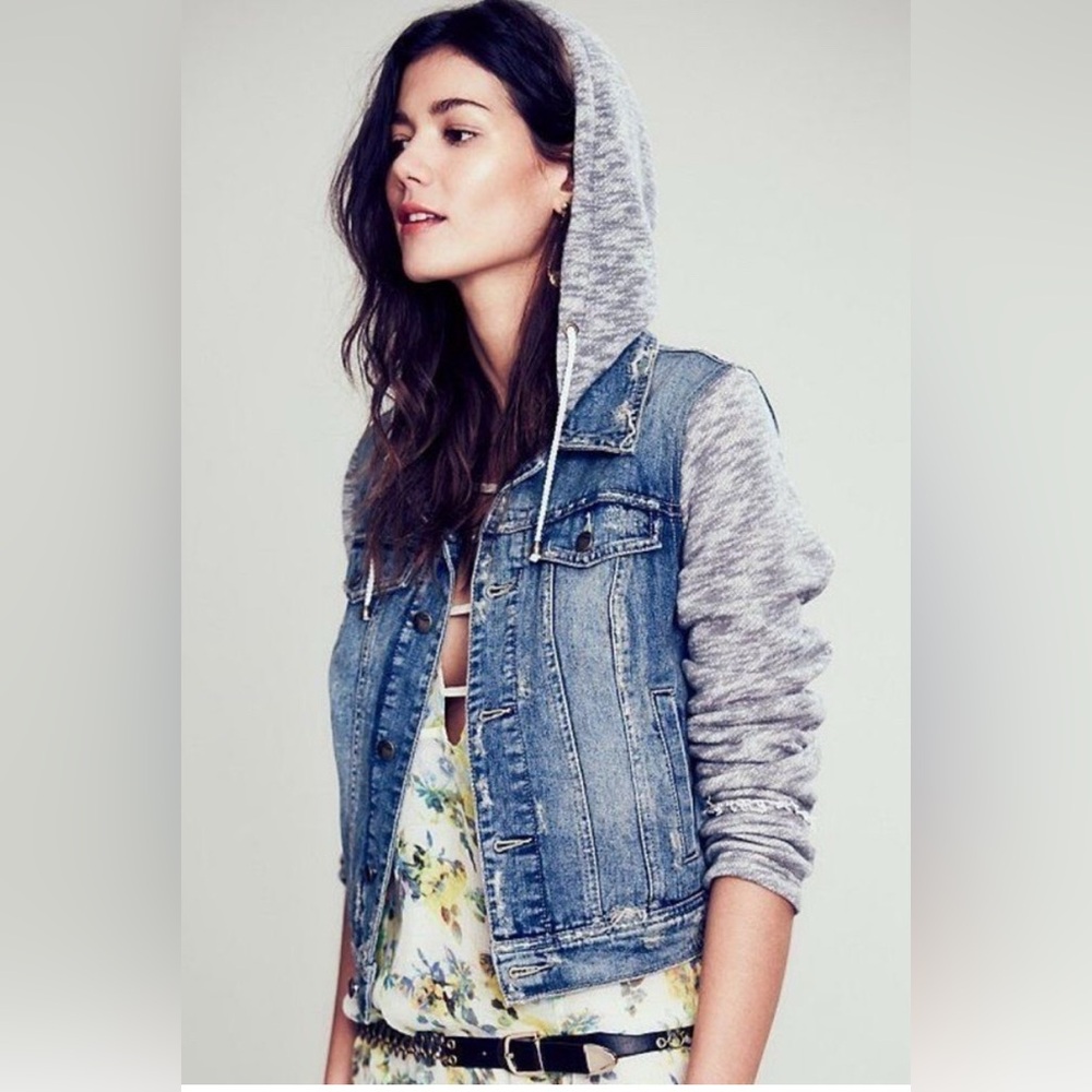 Free People Distresses Jean and Gray Hooded Women's Jacket XS